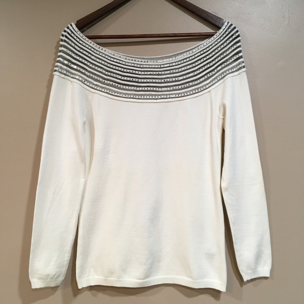Boston Proper Beaded Off Shoulder Sweater Womens S Ivory Old Money Luxury‎ Glam